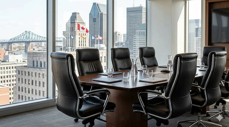 Professional ergonomic leather office chairs in a modern Montreal corporate boardroom with city skyline views.