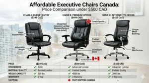 Close-up of adjustable lumbar support on a black leather executive chair available for Canadian shipping.