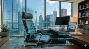 Technical illustration of a luxury executive office chair showing advanced lumbar support and adjustable settings for long Canadian workdays.