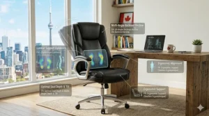 Diagram of an ergonomic PU leather office chair showing lumbar support for long Canadian workdays.