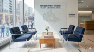 An ergonomic modern reception chair in navy blue, designed for comfort and style in a bilingual Canadian medical or corporate office.
