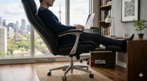 Technical illustration of an executive chair with footrest reclining to a 150-degree angle with bilingual English and French mechanism labels.