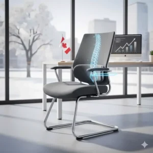 Illustration of ergonomic stackable office chairs highlighting lumbar support for Canadian workplace wellness.