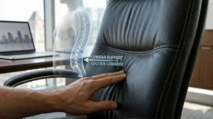 Detailed close-up illustration highlighting lumbar support features on a leather office chair with bilingual labels in English and French: "Lumbar Support" and "Soutien lombaire."