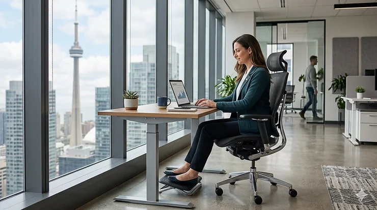 High-back ergonomic task chair in a modern Toronto office with a CN Tower view. task chair Canada office