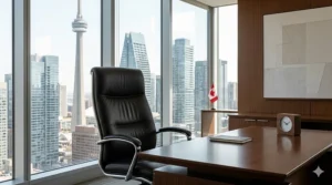 Premium high-back executive leather office chair in a luxury Bay Street Toronto workspace with views of the CN Tower.