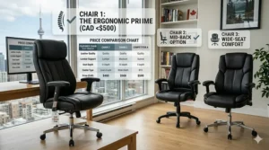 Size guide in centimeters for a black leather executive chair to fit standard Canadian office desks.