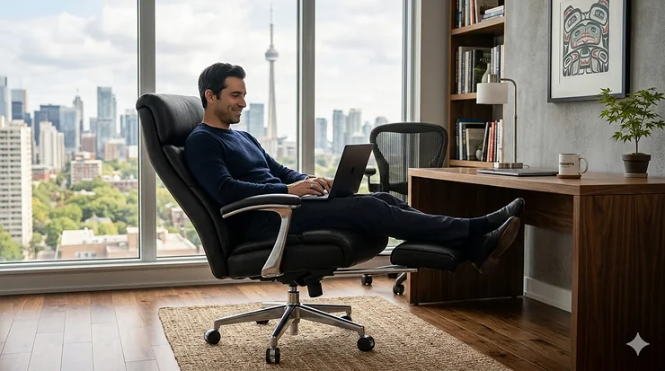 Ergonomic executive chair with footrest reclining in a modern Toronto home office with floor-to-ceiling windows and CN Tower view.