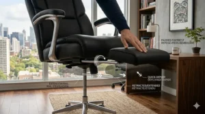 Close-up photorealistic view of a padded retractable footrest on an executive office chair with bilingual extension rail callouts.
