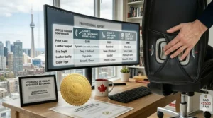 Illustration showing quick delivery routes for office chairs from warehouses in Ontario and British Columbia.