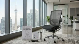 Vibrant mesh task chairs in a flexible co-working space for a Vancouver tech startup.