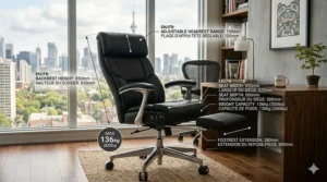 Work-from-home lifestyle illustration of a reclining executive chair with footrest extended and cozy Canadian wool socks in a Vancouver-style office.