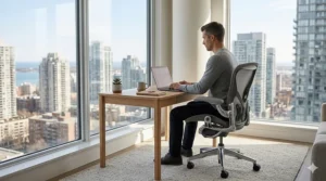 Minimalist task chair for a Canadian home office setup near a large window.