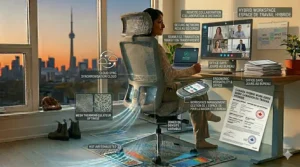 Illustration of a minimalist Canadian home office featuring a gray breathable fabric office chair.