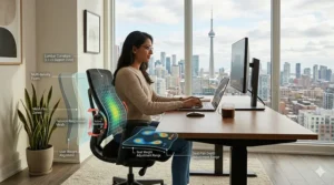 Illustration showing the lumbar support features of a high-quality chair for work from home to prevent back pain.