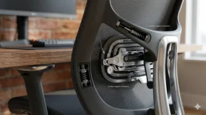 Close-up of the adjustable lumbar support mechanism on an office chair for posture showing tension gauges and bilingual English-French labels.
