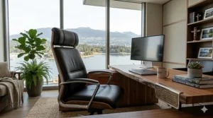 A luxury executive office chair styled in a bright, modern Vancouver home office with West Coast interior design elements.