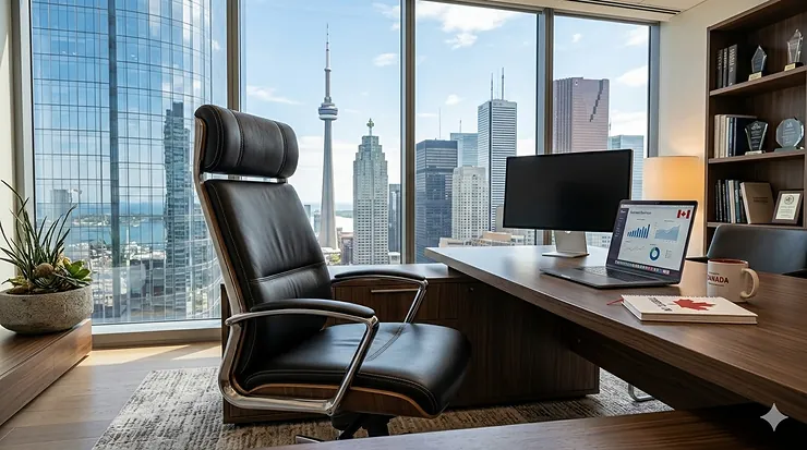 A luxury executive office chair in a high-end Toronto corporate suite overlooking the city skyline, featuring premium black leather and ergonomic support.