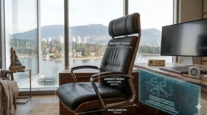 Measurement guide for a luxury executive office chair ensuring a perfect fit for Canadian desks and workspace layouts.