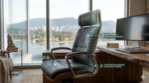 Sleek, European-inspired luxury executive office chair in a Montreal-style professional studio, blending style with functionality.