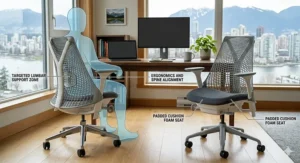 Illustration of a mesh back office chair with a padded fabric seat highlighting lumbar support and cushion depth.