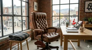 Mid-century modern brown leather office chairs in a sunlit, brick-walled Montreal creative studio.