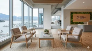 Minimalist guest chairs in a light oak finish, providing a clean and welcoming aesthetic for West Coast or Vancouver-inspired commercial interiors.