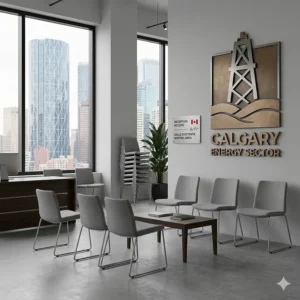 Stylish guest seating featuring stackable office chairs in a professional Calgary energy sector reception area.