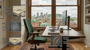 Stylized illustration of a chic, mid-century modern chair for work from home in a bilingual Montreal-inspired apartment.