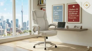 Stylish white PU leather office chair featured in a minimalist Canadian study setup.