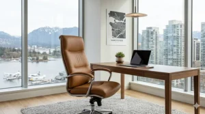 Sleek tan leather office chair in a bright, minimalist Vancouver home office with natural light and scenic mountain views.