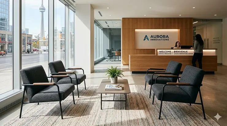 A professional Canadian office lobby featuring modern reception chairs in charcoal grey, arranged in a bright, sunlit waiting area with natural wood accents.