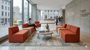 Versatile modular reception seating units in a vibrant accent color, perfect for flexible office layouts in Montreal and urban Canadian hubs.