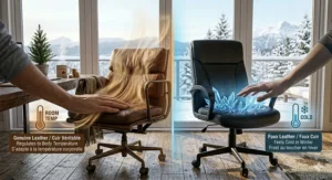 Illustration showing how faux leather feels cold in Canadian winters compared to the ambient temperature of genuine leather.