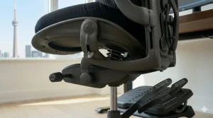 A view of the pelvic and ischial support mechanism on an office chair for posture, demonstrating blood flow monitoring and seat depth adjustment.