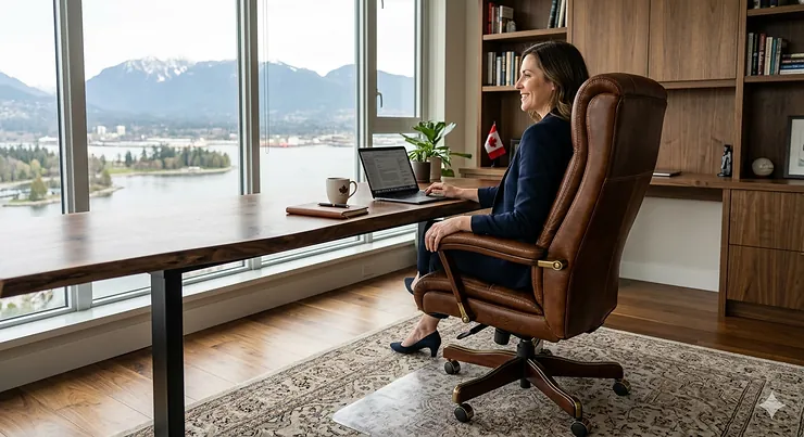 Premium ergonomic brown leather office chairs in a luxury Canadian executive suite with a panoramic Vancouver skyline view.