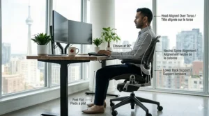 Side view illustration of a person maintaining the natural S-curve of the spine in an ergonomic task chair.