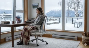 Eco-friendly illustration of recyclable components in mesh office chairs, reflecting Canadian sustainability values.