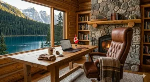 High-back brown leather desk chair in a rustic Canadian log cabin home office overlooking a mountain lake.