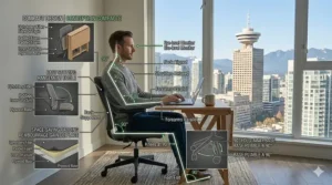 Illustration of a compact, space-saving chair for work from home designed for small Vancouver or Ottawa apartments.