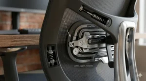 Anatomical illustration of a human spine aligned against an office chair for posture, highlighting the active dynamic support and sacral tilt.