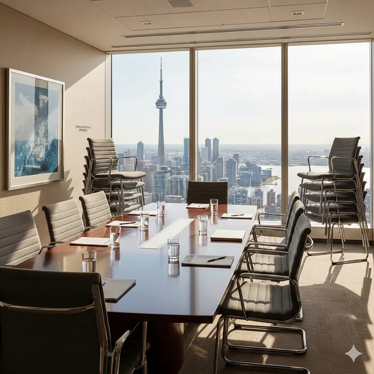 Modern stackable office chairs arranged in a sunlit Toronto corporate boardroom with a CN Tower view.