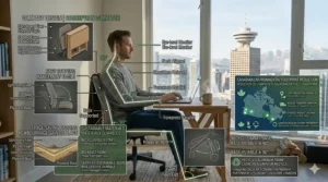 Eco-friendly illustration highlighting recycled materials used in a sustainable chair for work from home for the Canadian market.