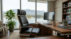 Close-up illustration of premium top-grain leather texture on a luxury executive office chair, emphasizing high-quality craftsmanship.