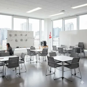 Versatile training room layout in Ottawa using mobile stackable chairs for collaborative educational workshops.