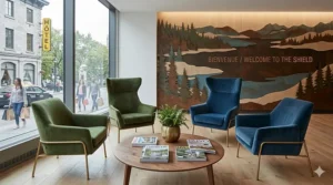 High-quality velvet upholstered modern reception chairs, showcasing a sophisticated look for boutique Canadian hotels and private clinics.