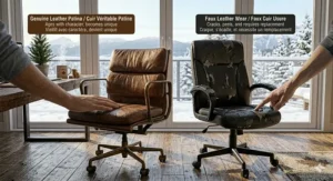 Illustration showing common peeling or cracking in older faux leather vs the aging process of a genuine leather office chair.