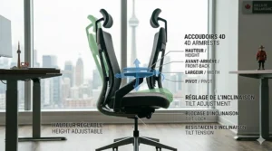 Close-up illustration of 4D armrests and seat tilt functions on a high-back office chair for maximum back support.