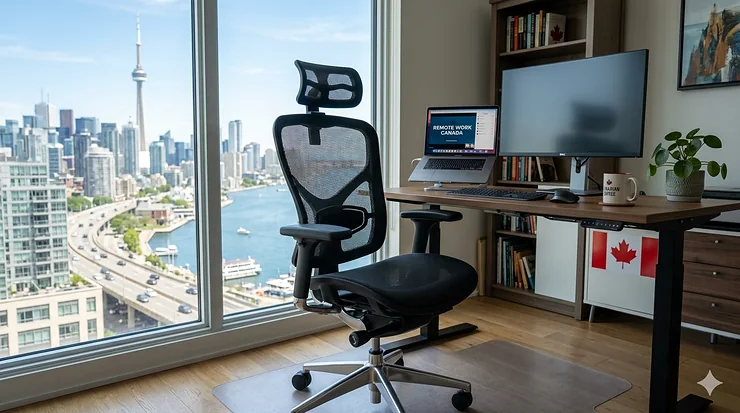 A professional ergonomic mesh office chair in a sunlit Toronto home office with a city skyline view, perfect for remote work in Canada. full mesh ergonomic chairs