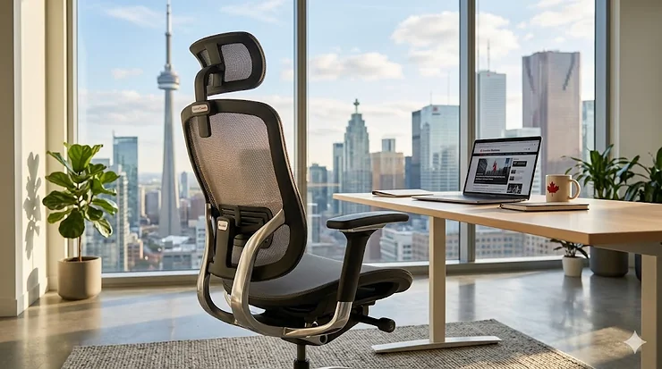 A premium ergonomic office chair for long hours in a modern Canadian workspace with a city view. office chairs for long hours